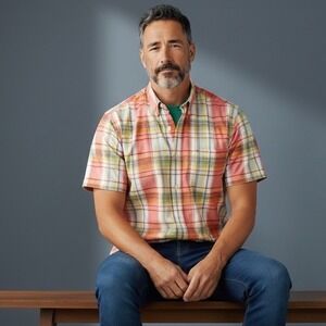 Cinch‎ Mens XS Short Sleeve Button Down Shirt Coral Yellow Plaid Cotton Western